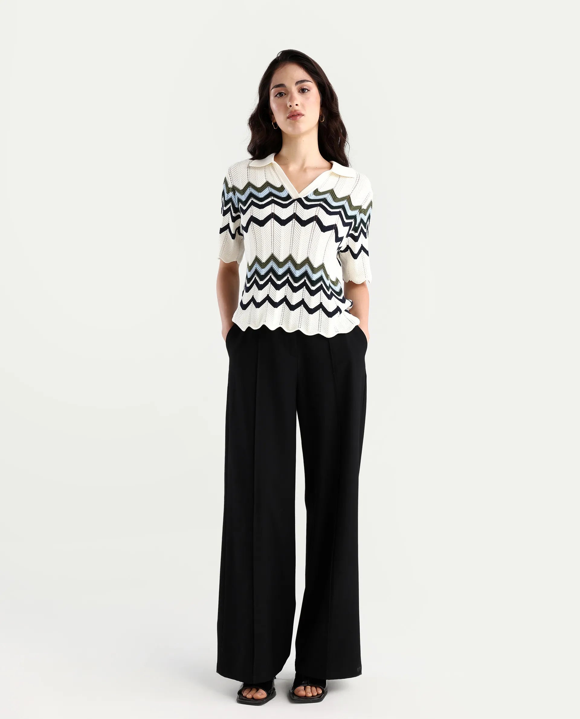 Rareism Women's Nuplo-R Off-White Cotton Full Sleeve Striped Top