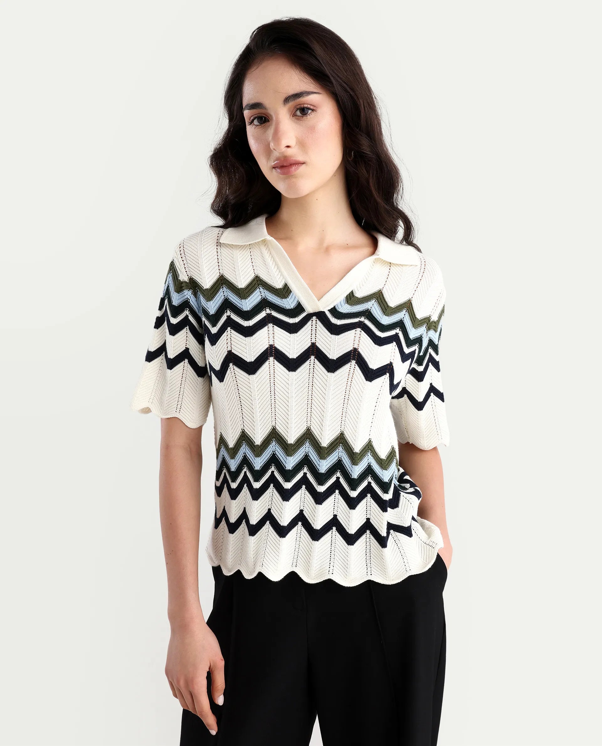 Rareism Women's Nuplo-R Off-White Cotton Full Sleeve Striped Top